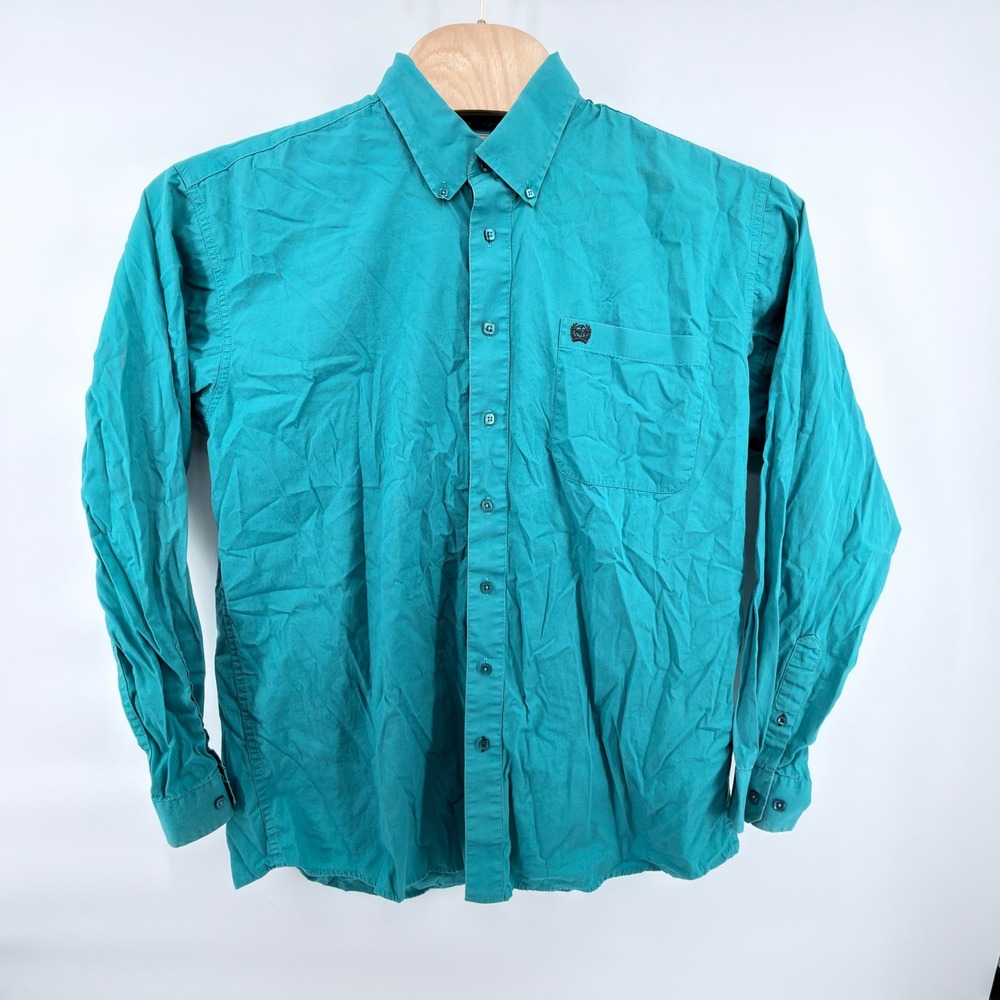 Cinch Mens Western Shirt L Teal Turquoise Solid Long Sleeve Button Down Cotton
